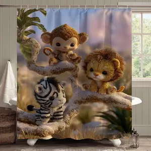 1/4pcs cute animal-themed shower curtain set decorated with little monkey, lion and zebra patterns, adding natural fun to the bathroom. This printed bathroom decoration set includes a shower curtain, non-slip bath mat, toilet lid cover, bathroom rug and