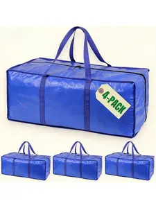 Heavy Duty Moving Storage Bags with Strong Zipper & Carry Handles, Stackable Packing Boxes for College Dorm Room Essentials, Reusable Fabric Organizers for Clothes and Home Supplies, Blue, 4-Pack