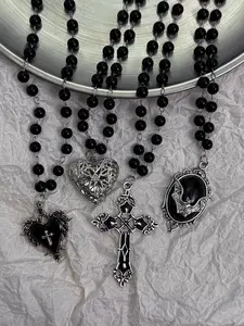 4pc Punk Gothic Heart Bat Necklace Set, Cross Pendant, Photo Frame Necklace, Unisex, Perfect Gift for Friends, Party, Holiday