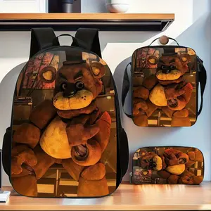 Five Nights at Freddy's Freddy Fazbear 3-Piece Backpack Set, Horror Game Print School Bag + Lunch Bag + Pencil Case, Oxford Cloth Adjustable Strap Daypack for Fans & Kids