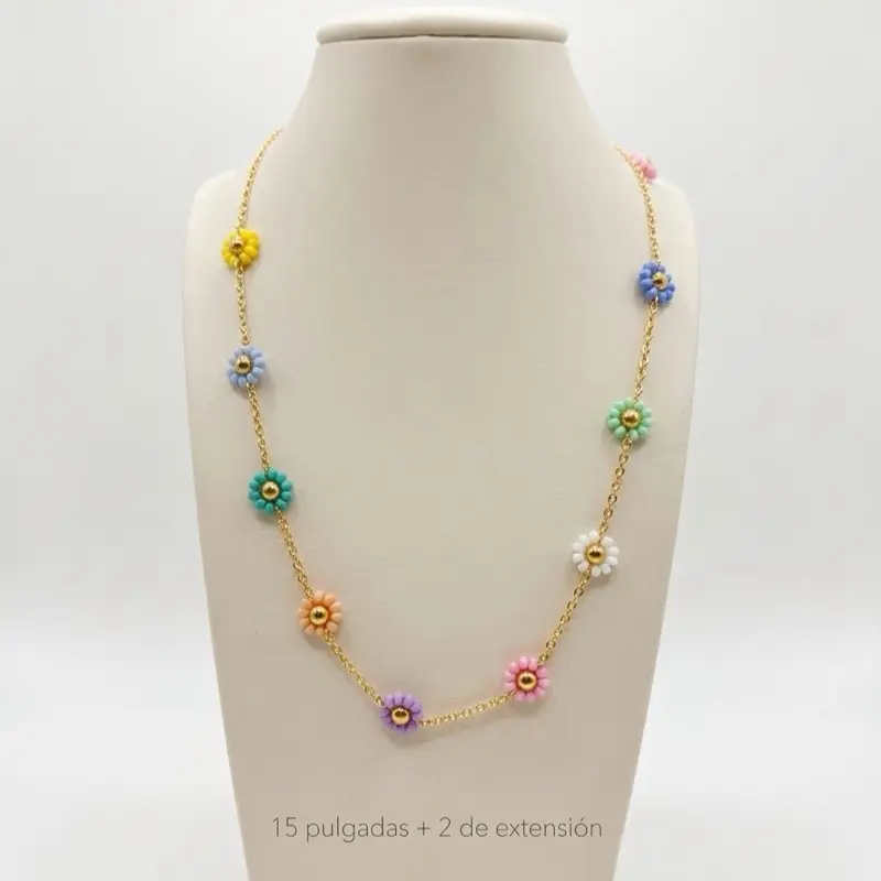 Floris Flower Choker Necklace – Gold Plated Multicolor Floral Necklace 15" + 2" Extension