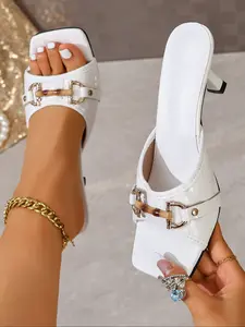 Patent Leather Square Toe High Heel Sandals, Summer, Metal Buckle, Slip-On, Elegant Cat Heel, Women's Fashion Shoes, Outer Wear Mules