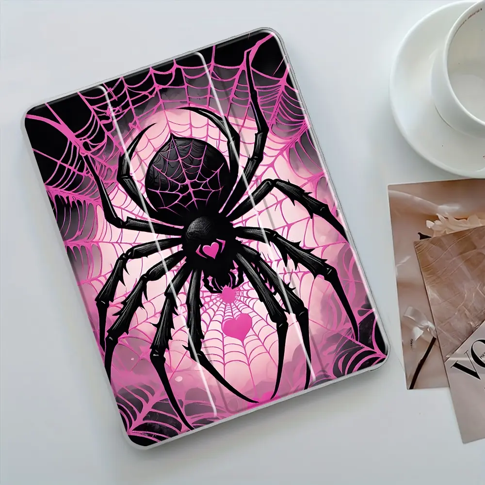 Gothic Pink Web Spider Halloween Design iPad Case, Ipad Tablet Cover, Transparent Acrylic Hard Back With Pencil Slot for ipad mini pro air, Scratch-resistant Ultra-thin, Shock-resistant Full Cover Protective Case Suitable for Offices Schools Homes