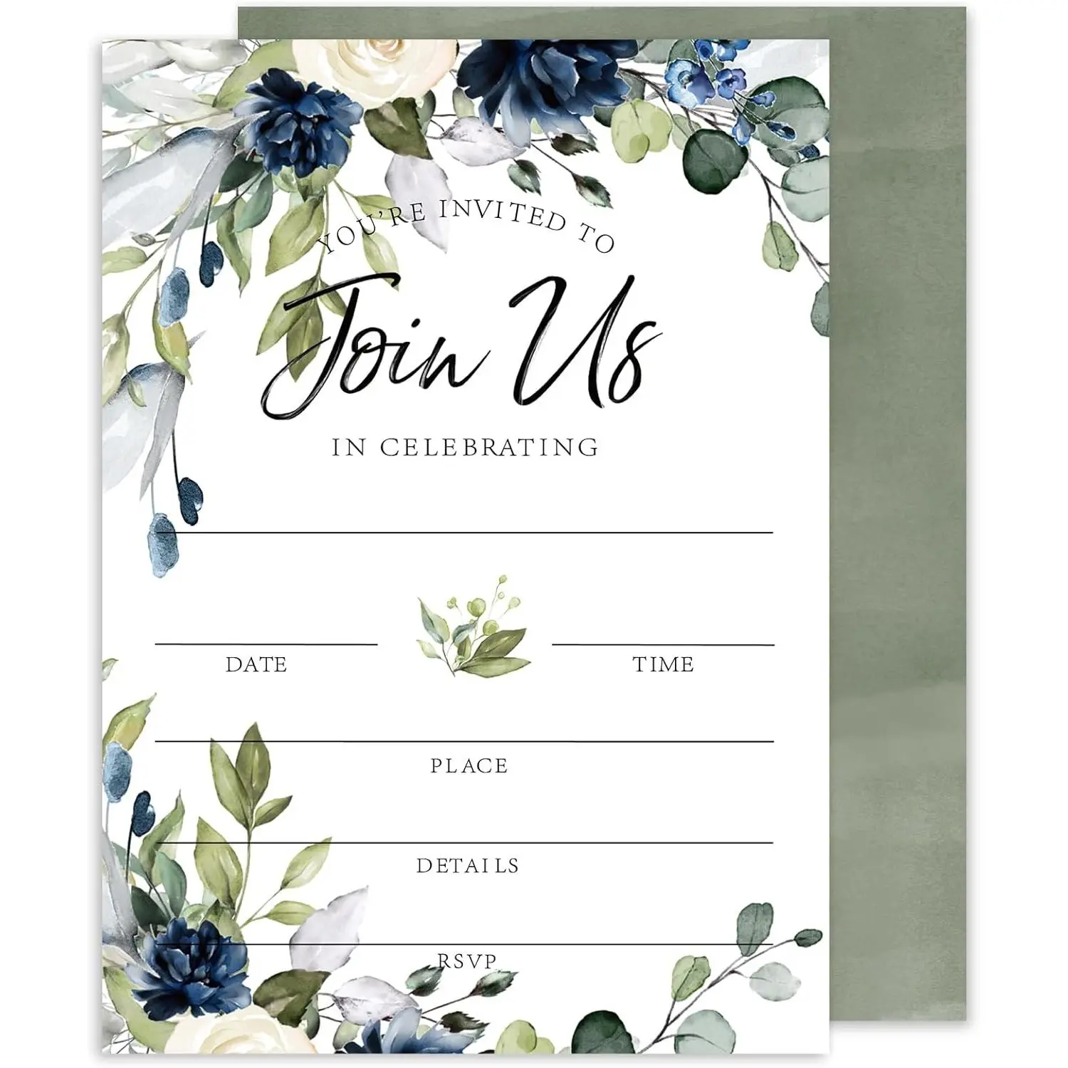 25-Set Watercolor Blue Flower Invitation Cards with Envelopes & Stickers, 5x7 Inch Blank Floral Invites for Wedding Reception, Neighbors & Classmates’ Special Occasions (Home & Festive Party Supplies)