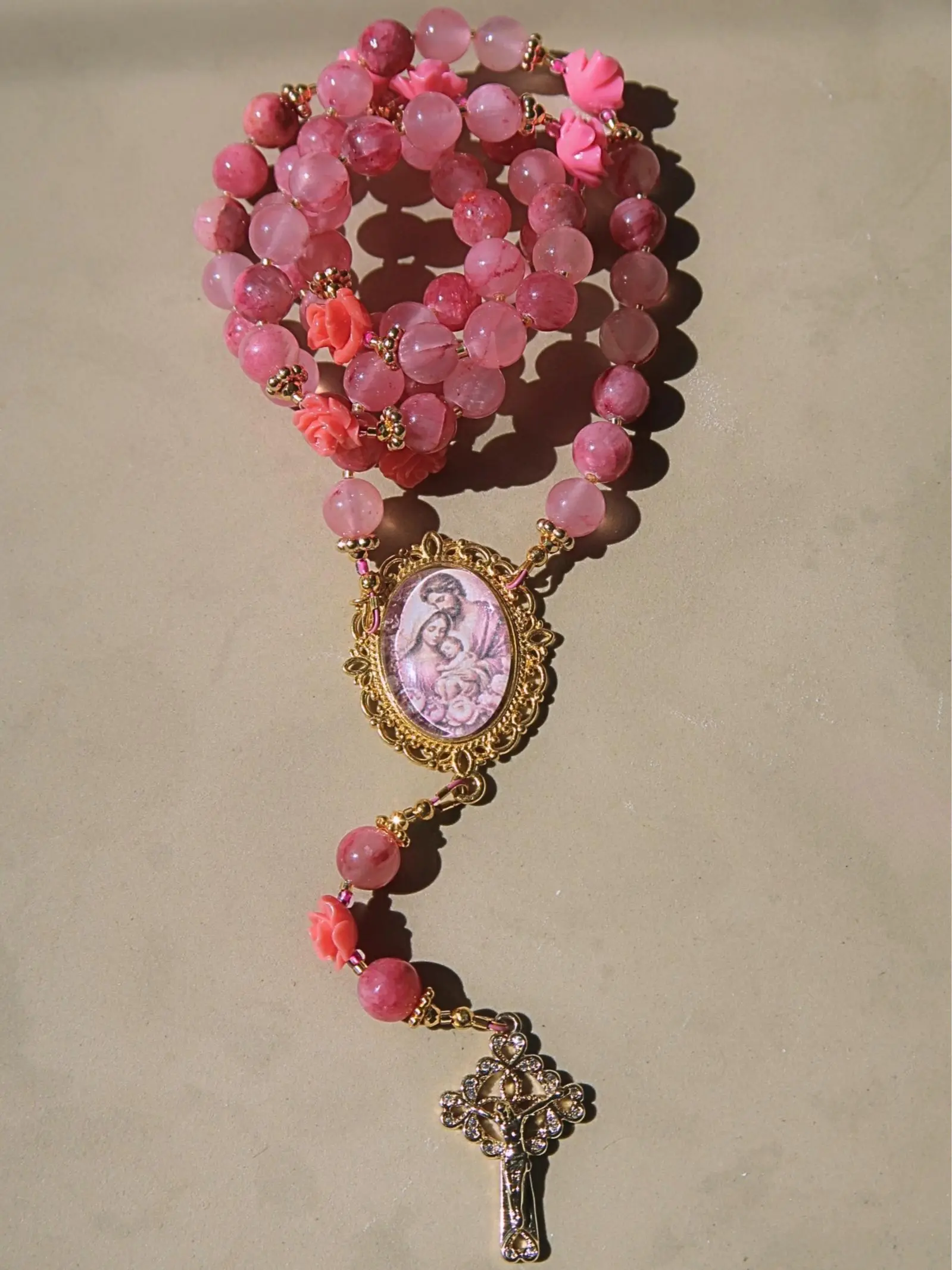 Saint Joseph Chaplet, Pink Holy Family Prayer Beads, Handmade Catholic Chaplet, Floral St Joseph Devotional