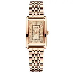 Dainty Full Rose Gold Rectangle Ladies Quartz Watch, Radial Wave Textured Champagne Dial, Roman Numeral Hour Markers, Slim Multi-Link Rose Gold Stainless Steel Bracelet, Waterproof Minimal Elegant Office Wristwatch Gift For Women
