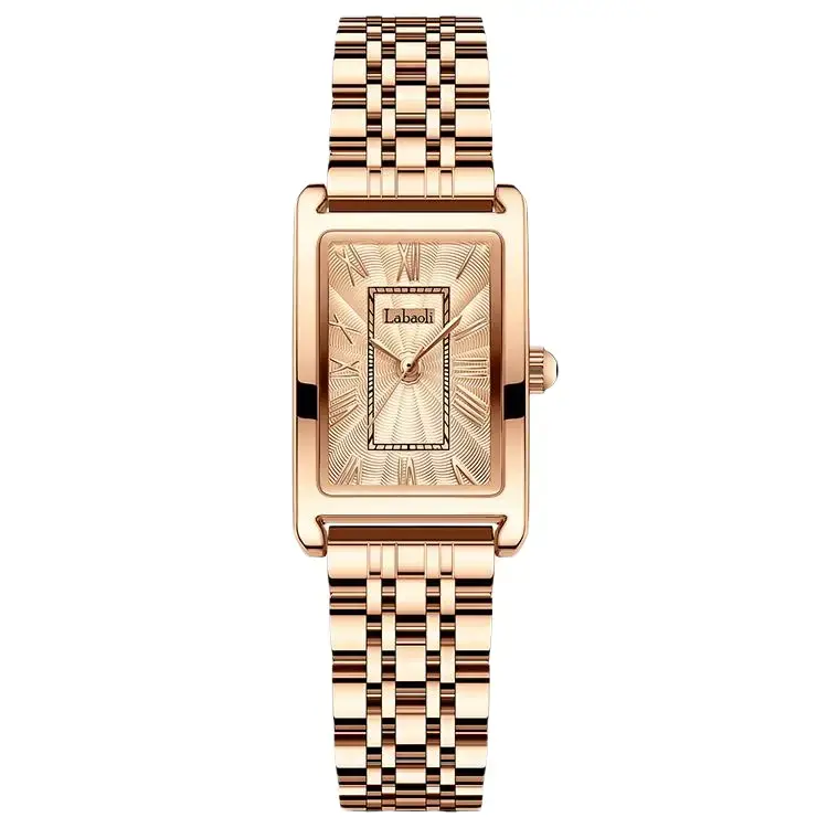 Dainty Full Rose Gold Rectangle Ladies Quartz Watch, Radial Wave Textured Champagne Dial, Roman Numeral Hour Markers, Slim Multi-Link Rose Gold Stainless Steel Bracelet, Waterproof Minimal Elegant Office Wristwatch Gift For Women