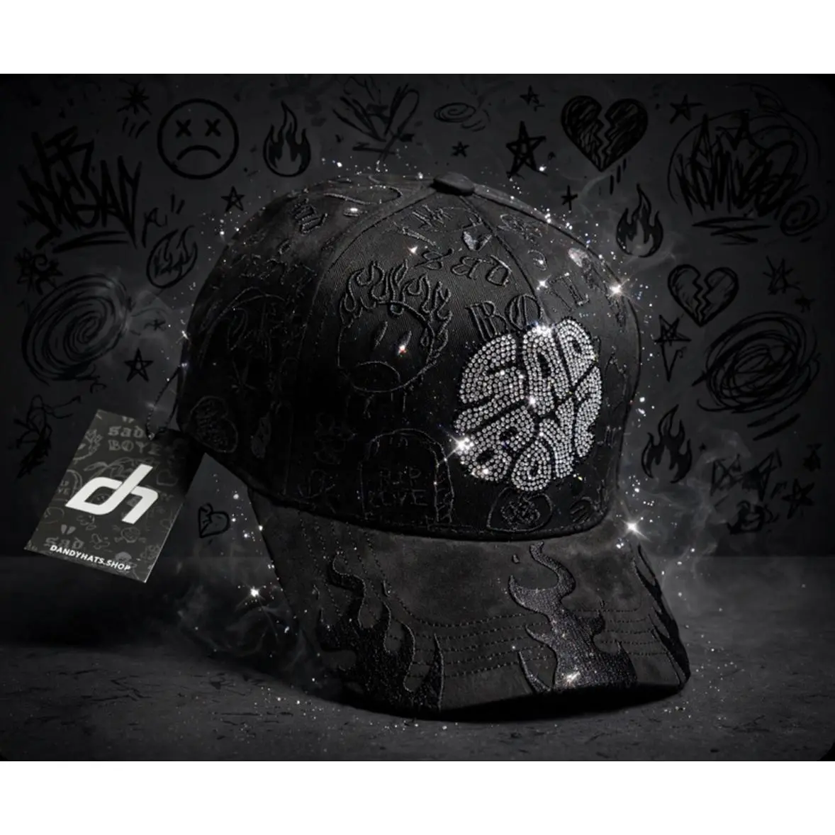 DH Brand Black Baseball Cap with Rhinestone Embellishments and Unique Design