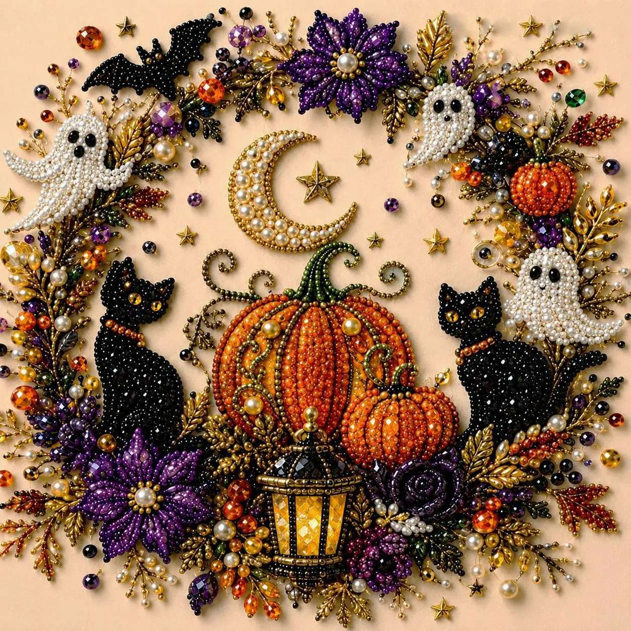 Halloween 5D Diamond Painting Kit, DIY Pearl Bead Art Canvas with Tools, Beginner-Friendly Craft Kit for Adults and Teens, Pumpkin Ghost Witch Cat Seasonal Wall Decor and Halloween Gift