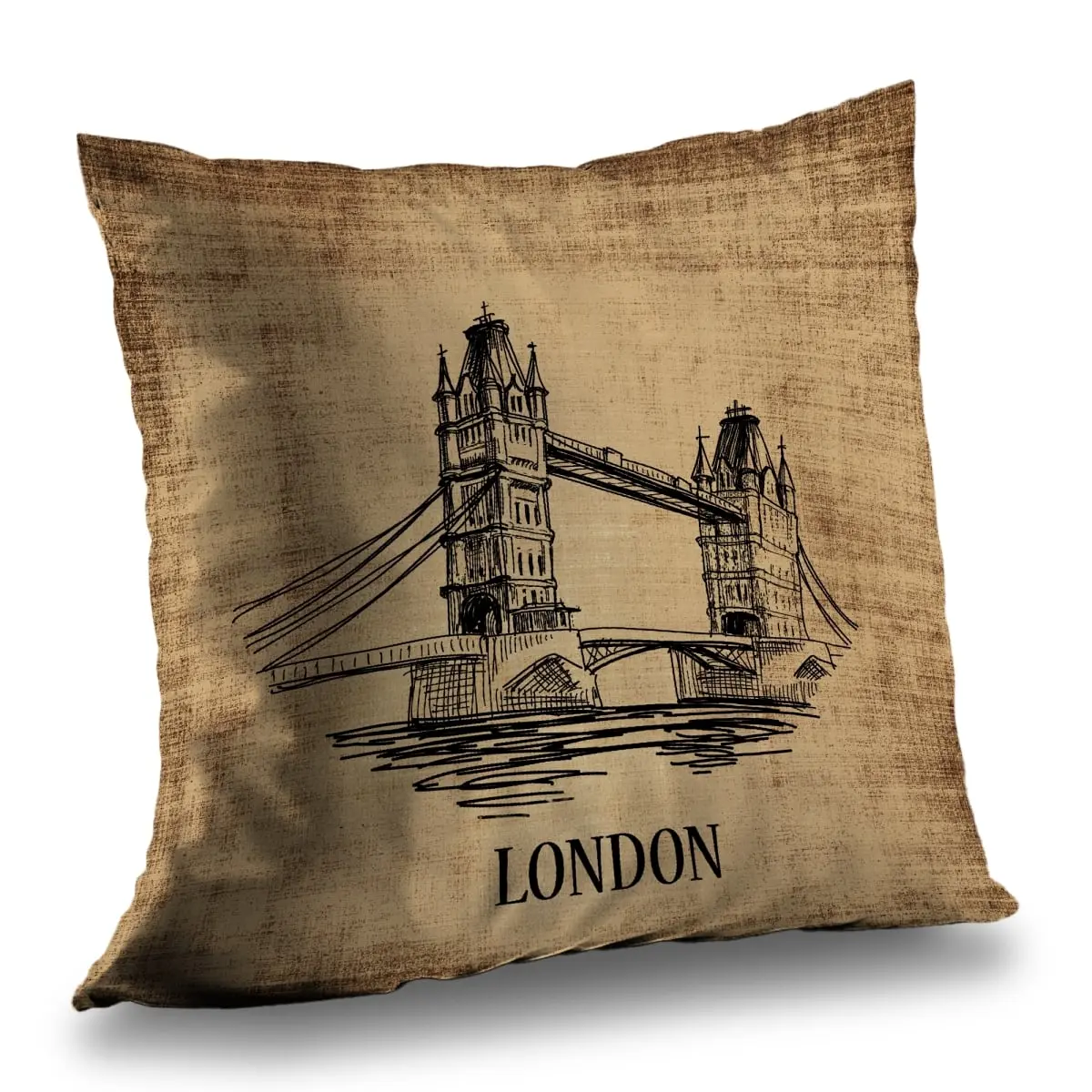Begin Home Decor C1PT1414P6S339 14x14 in London Illustrative Tower Bridge Pillow, Poly Twill Polyester Insert Included, Machine Washable for Living Spaces