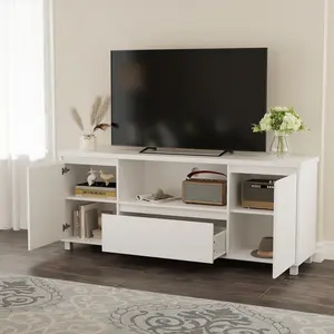 Modern Fluted TV Stand, White Media Console for 60/65/70 Inch TV, Entertainment Center with Drawer, Storage Cabinets & Open Shelf, TV Console Table for Living Room Bedroom
