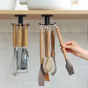 2pcs Under Cabinet Kitchen Utensil Hooks,360° Rotating Drilling Free Adhesive Utensils Hanging Rack for Tools/Towel/Knife (Black)