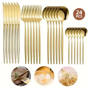 4/24/48pcs Stainless Steel Cutlery Set with Golden  Featuring Creative Western-Style Steak Knives, Forks, And Spoons, Suitable for Home Dining And Restaurants, Dishwasher Safe. Tableware long handle