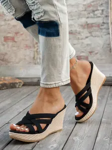 Summer New Cross Strap Wedge Sandals Women, Outdoor Thick Sole Woven Waterproof Platform Slip-On High Heel Shoes