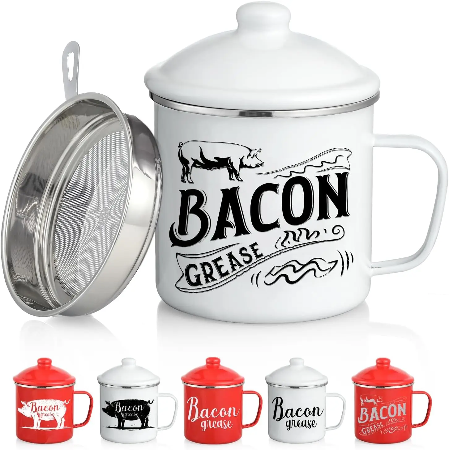 46OZ LARGE Bacon Grease Saver with Fine Mesh Strainer & Handle - Enamel Oil Keeper Container, Bacon Fat Dripping Can - Farmhouse Kitchen Gift Utensils
