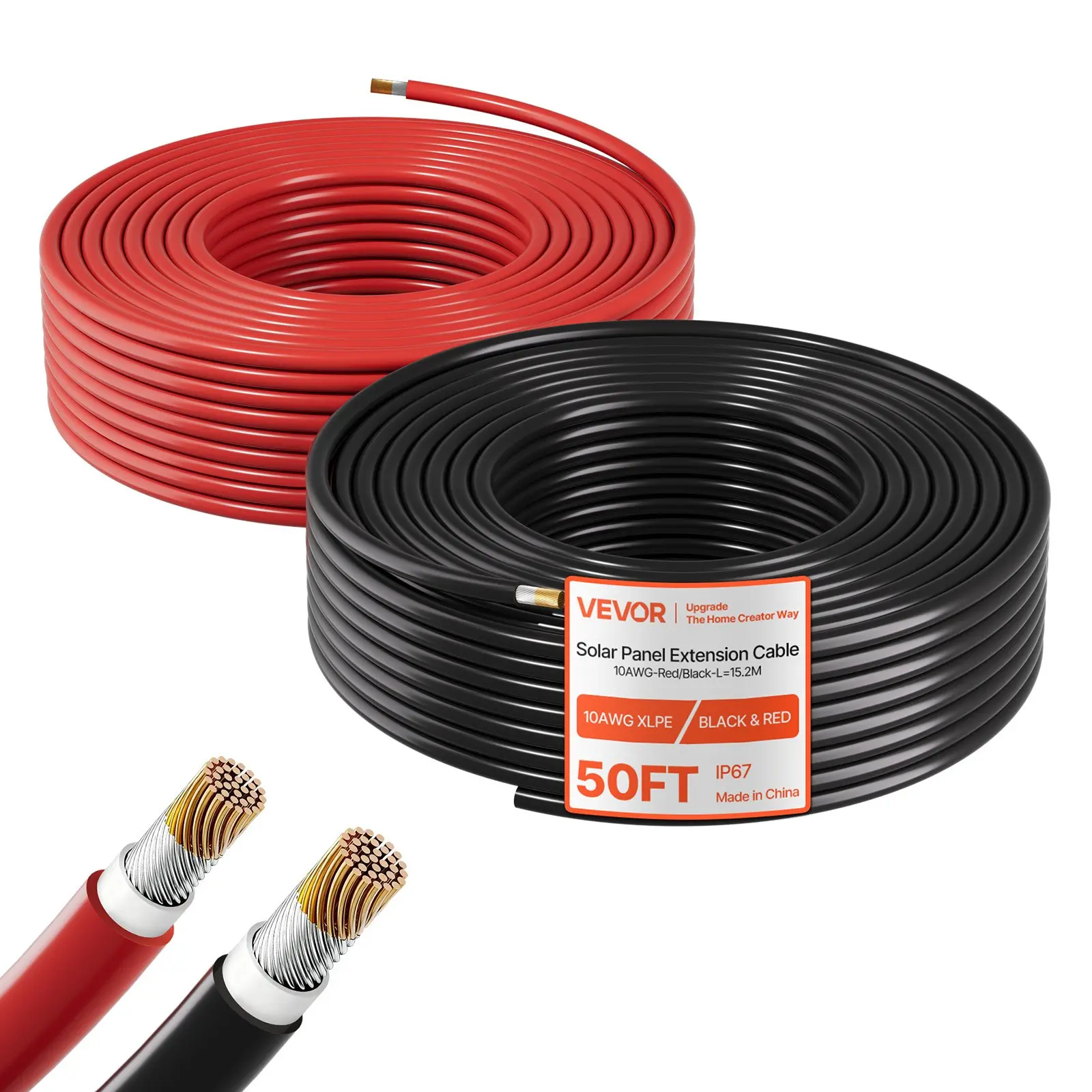 【Summerfinds】VEVOR Heavy Wire Solar Panel Extension Cable Kit, 10 AWG (6 mm²) Tinned Copper Dual-Conductor PV Wire, 50 ft (15.2m) Black & 50 ft (15.2m) Red, IP67 Weather Resistant, for Outdoor Home Off-Grid Photovoltaic Systems, Automotive Use, -40°F To 1
