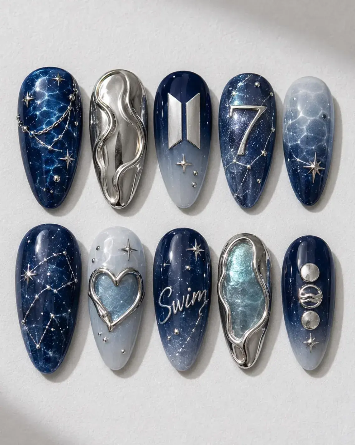 BTS Swim Press On Nails | ARMY Ocean Galaxy Nails | K-Pop Summer Nails | Handmade Celestial BTS Nail Set