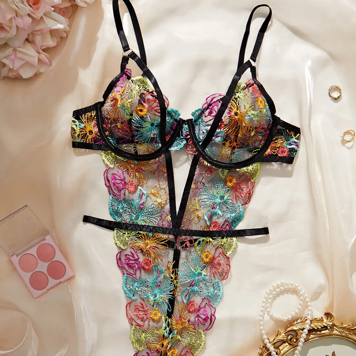 Women's Exquisite Embroidered Floral Lace-Up Underwire Push-Up Bodysuit Teddy Lingerie with Breast-Revealing Design, Lacy Details