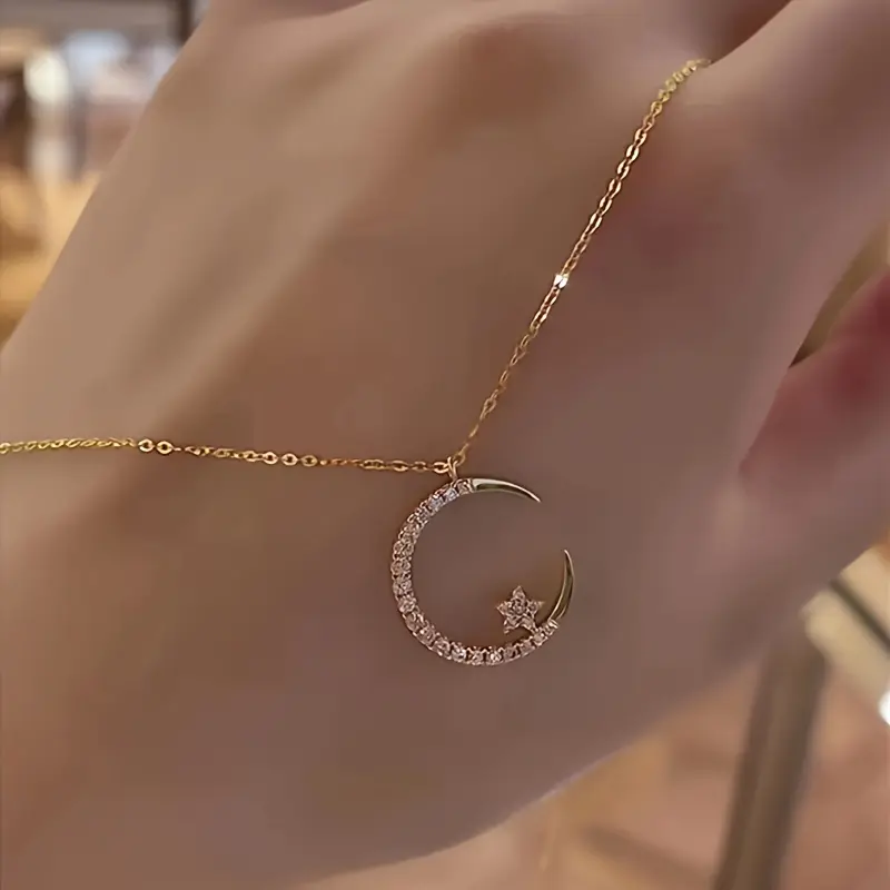 1pc Elegant Zirconia Inlaid Crescent Moon and Star Pendant Necklace for Women, Dainty Clavicle Chain, Versatile Daily Wear Jewelry, Alloy Construction