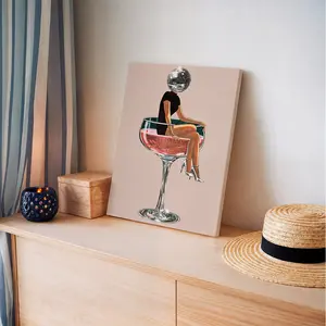 Party Vibe Wall Art, Disco Ball Head In Champagne Coupe Poster, Glittery Retro 70s Style Printing, Pink Silver Sparkle Canvas Decoration, Living Room & Home Bar Aesthetic, Perfect Housewarming Gift, Framed.