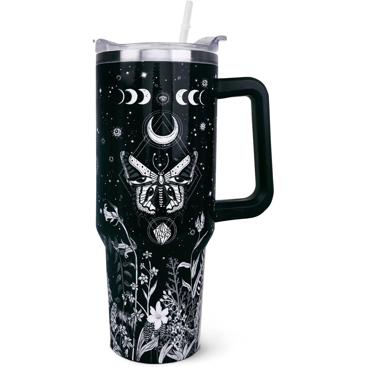 40oz Reusable Insulated Leak-Free Stainless Steel Tumbler - Portable Halloween Gothic Witch Vacuum Flask with Handle, Straw, Lid, Butterfly Design, Coffee Water Bottle for Christmas Gifting to Mom, Kitchen Drinkware