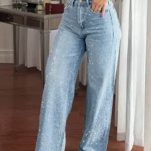 Jeans de Piedras High-Waisted Wide-Leg Sequin Embellished Denim Pants for Women