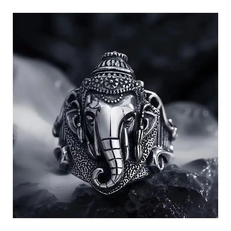 Elephant God Ring for Men Silver Color Punk Gothic Open Ring Handmade Designer Jewelry Unisex Hindu Accessories