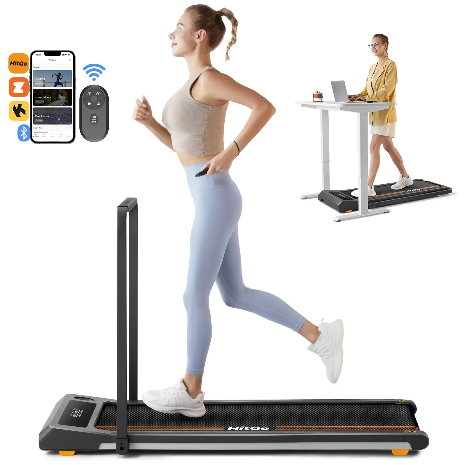 HitGo Walking Pad with handrail 2 in 1 Under Desk Treadmill for home/office, Safe and Stylish Fitness Solution, Foldable Design Interconnect with App