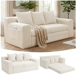 WINZOO Boneless Loveseat Sleeper Sofa Bed – 3-in-1 Convertible Couch Bed with Side Pockets & Handle,Boneless Couch,Pull Out Corduroy Futon for Small Space,2 Pillows Included,Living Room & Bedroom,No Assembly