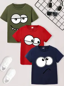 Boys' Fashion Casual Loose Fit Cartoon Print Short Sleeve T-Shirts, Three-Piece Set, Comfortable Daily Wear, Age Range 1-10 Years