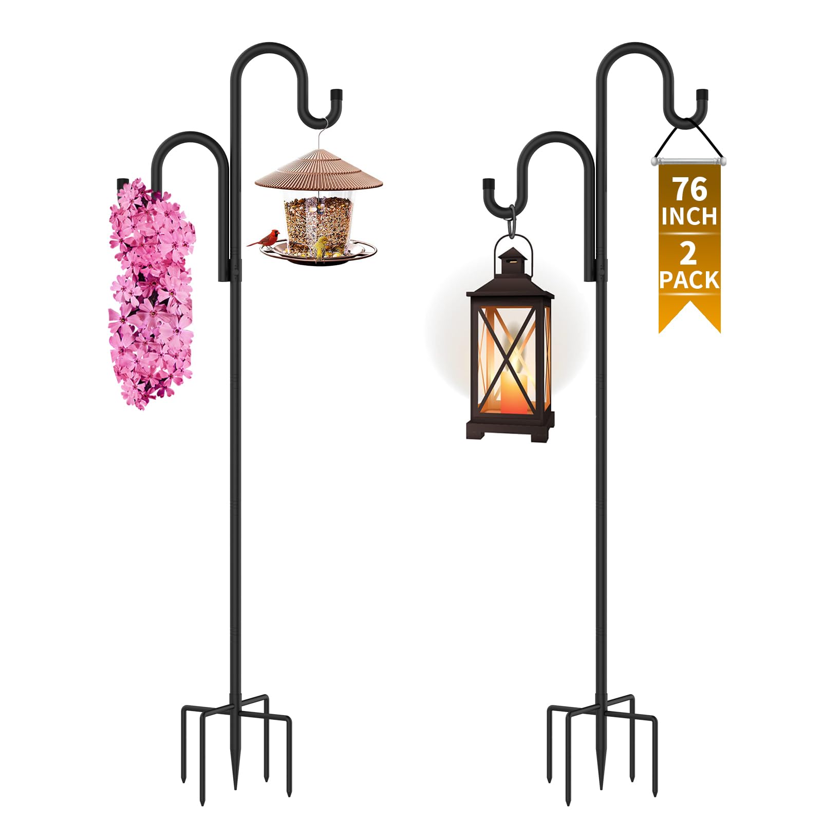 Double Shepherds Hooks for Outdoor,62 Inch/76 Inch/92 Inch, 2-Pack Heavy Duty Garden Pole for Hanging Bird Feeder, Plant Baskets, Solar Light Lanterns, Garden Plant Hanger Stands with 5 Base Prongs