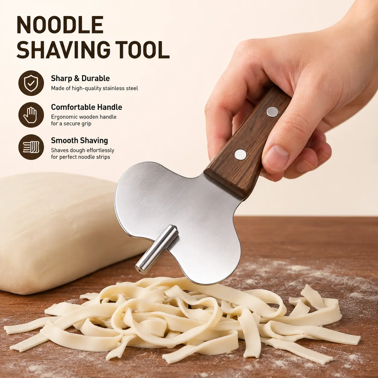1 Count, Stainless Steel Noodle Cutter with Non-slip Wooden Handle, Smooth Slicing Tool for Home Kitchen Homemade Noodle Preparation