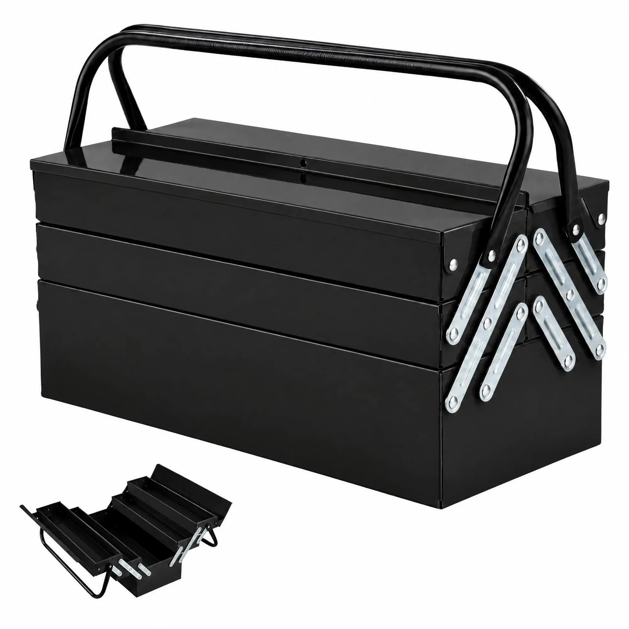 Garvee Durable 17-Inch Portable Folding Metal Cantilever Tool Box with 3 Tiers and 5 Trays for Efficient Storage and Easy Transport