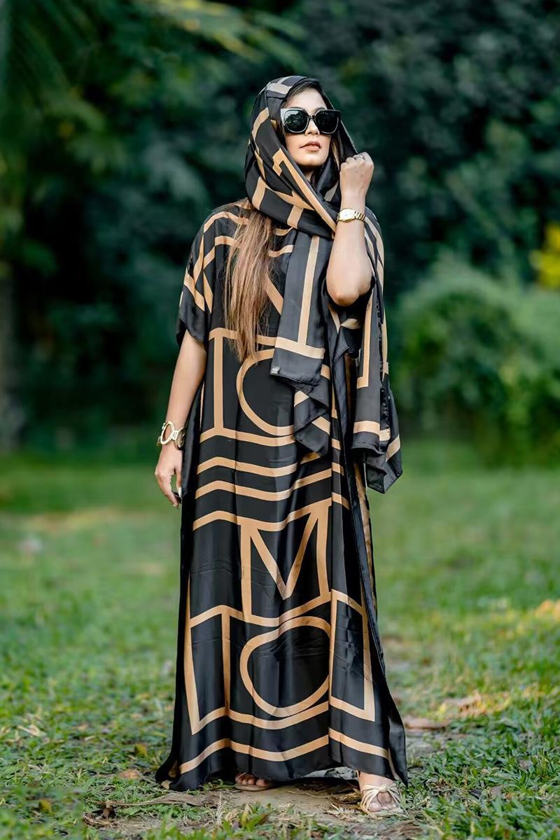 Women's 2-Piece Boho Floral Print Long Dress & Scarf Set, Casual Beach Vacation Wear, All-Season Shawl Accessory Set