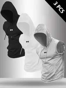Men's 3-Piece Dumbbell Print Round Neck Sleeveless T-Shirt, Casual Comfortable Hooded Vest, Summer Outdoor Fitness Wear, Gym Tops