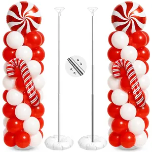 2 Sets Christmas Balloon Column Stand Kit With Candy And Candy Cane Foil Balloons, Latex Balloons, Adjustable Balloon Stands For Xmas Holiday Party Decor (Red)