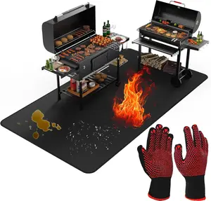 Large 60 x 40 inches Under Grill Mats for Outdoor Grill with BBQ Gloves, Double-Sided Fireproof Grill Pad Mat, Indoor Fireplace/Fire Pit Mat,  Oil-Proof Protector for Decks and Patios