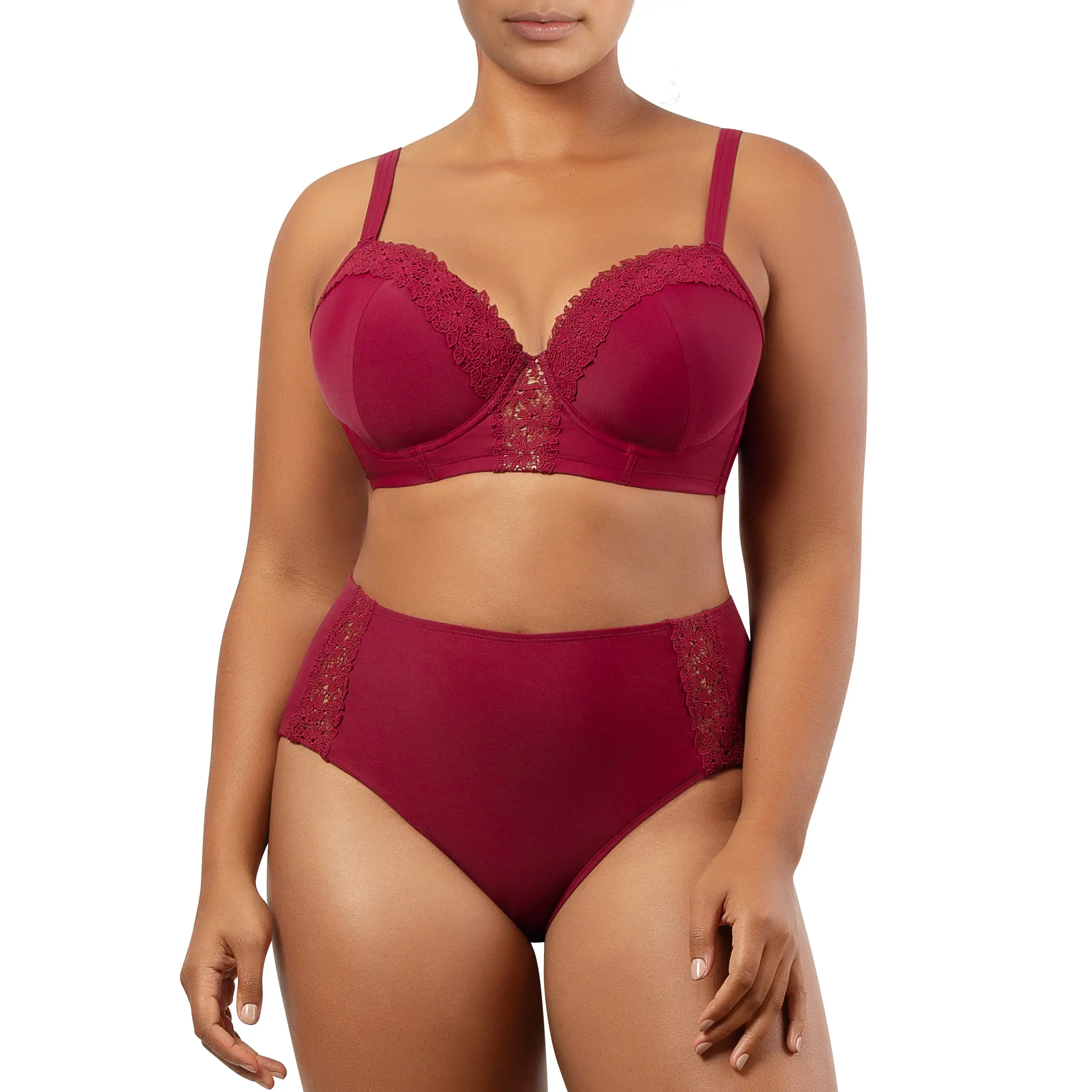 PARFAIT BRIGITTE BIKINI SET - S8201 DEMI CUP UNDERWIRE BALCONETTE LONGLINE BIKINI TOP WITH EMBROIDERY DETAIL AND S8205 WOMEN'S HIGHWAIST BIKINI BOTTOM - RUMBA RED