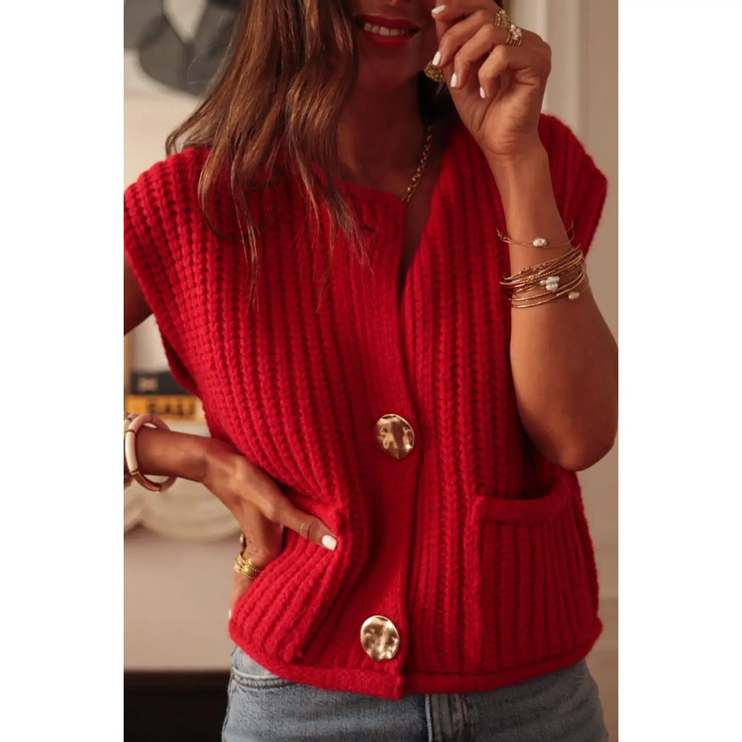 Button Down Sweater Vest with Pockets