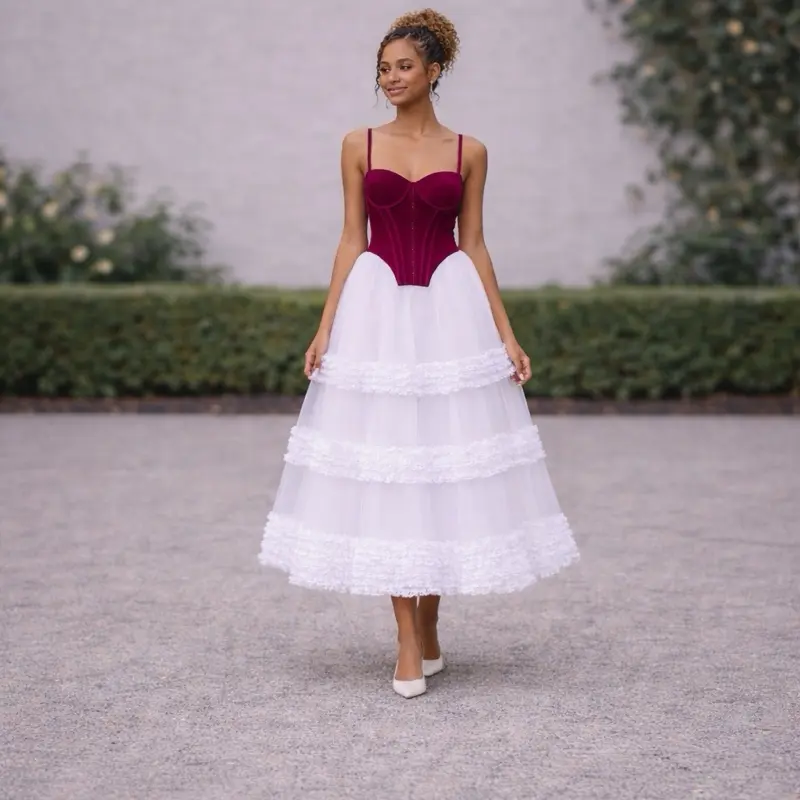 Women's Elise Sleeveless Corset Gown - Formal Classic Fitted Structured Bodice, Adjustable Straps, 3-Tiered Flow Skirt, Ankle Length, Pink/White-Green, Feminine Fashion Piece with Soft Swish