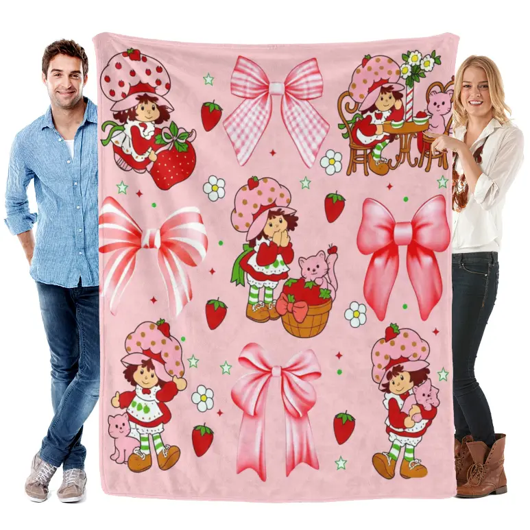 Ultra-Soft Polyester Fiber Flannel Blanket with Cartoon Strawberry & Girl Graphic - Cozy Warm Bedding Throw, Bedroom Sofa Accessory, Girly Teen Girl Gift