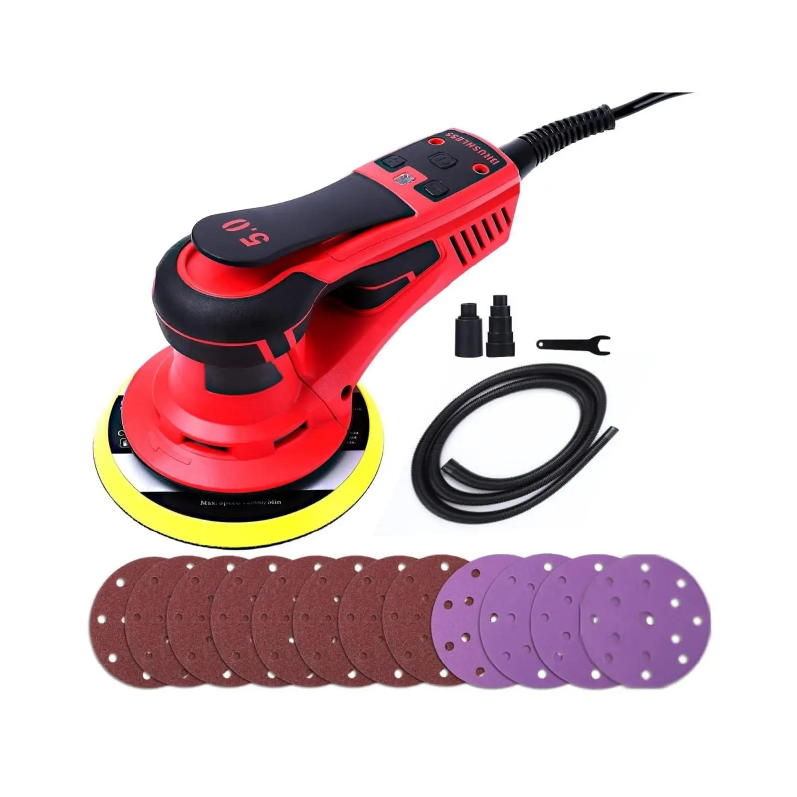 6-Inch Brushless Random Orbital Sander, 350W Powerful Electric Sander for Industrial Woodworking, 4000-10000 RPM 5-Speed Variable, 3/16" Orbit Low Vibration with Vacuum Hose & 12 Sandpapers