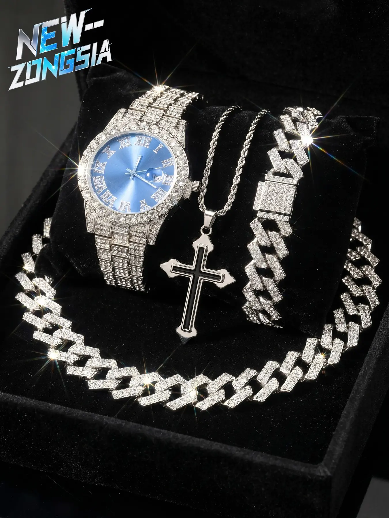 4-Piece Gift Set Watch Necklace Bracelet Box, Accessories Set, Cross Punk Style, Analog Round Face, Adjustable Strap, All Seasons Accessory