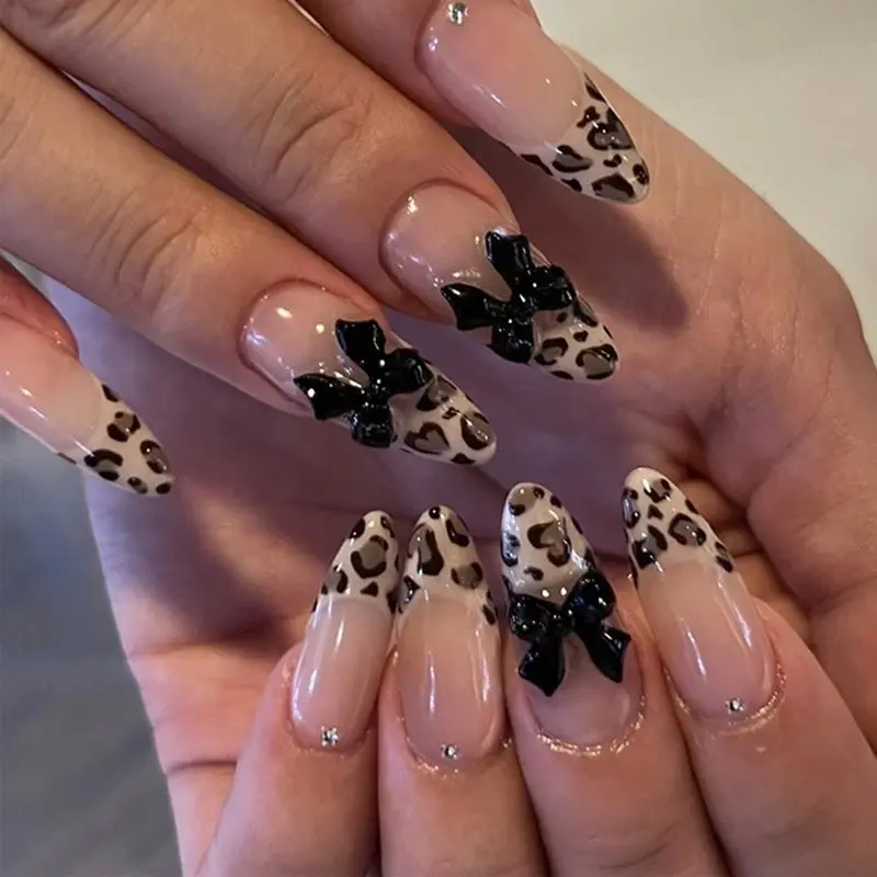 24pcs Wearable Nail Tips Set, Fake Nails, Decorative Nails, Nude Leopard Print Design, 3D Bow Rhinestone Accents, Trendy Long Almond Shape, Easy Apply, Nail Art, Rhinestone Embellished, Nail Art Supplies
