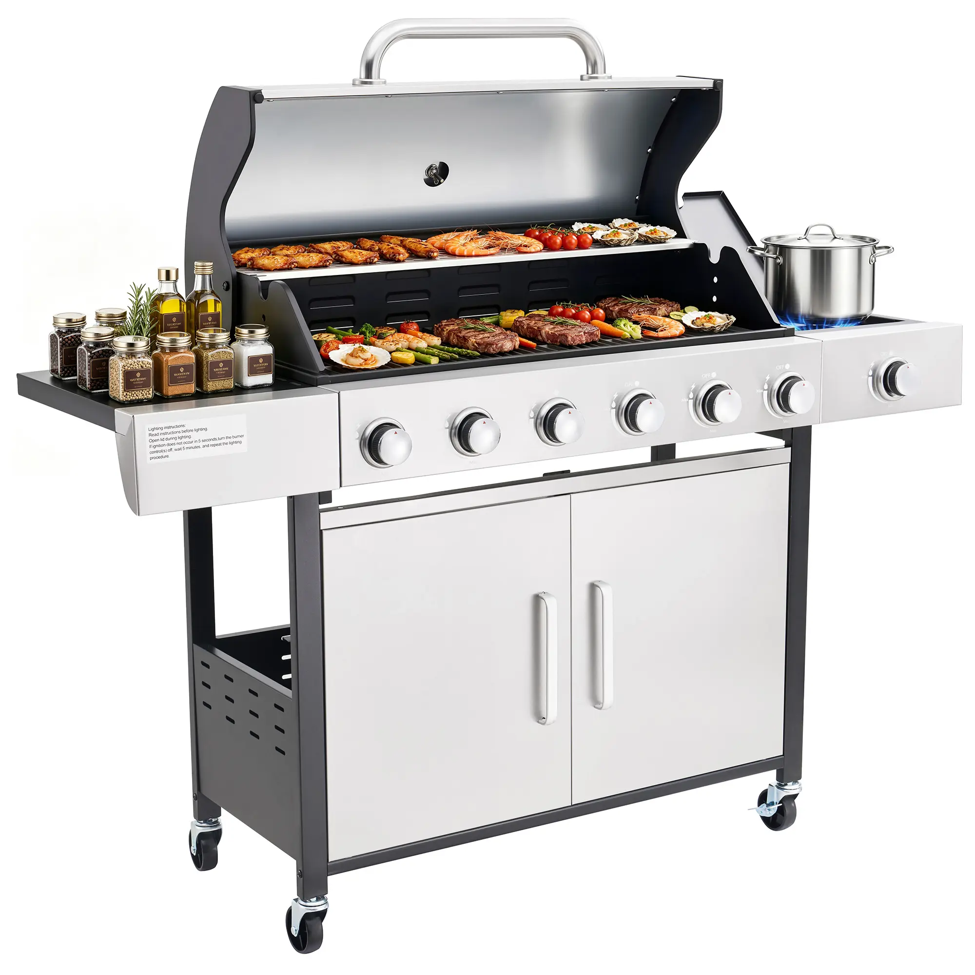 [Ships in 2 Boxes] AMERLIFE 63,000 BTU 6-Burner Propane Gas Grill with Side Burner | 650 Sq.In. Cooking Area, Stainless Steel, Cast Iron Grates, Built-in Thermometer, Regulating Valve, Patio and Outdoor Cooking