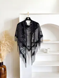 New Velvet Embroidered Triangle Scarf Lace Shawl, Hollow Out Fringe Plain Color Breathable Fashion High-End Wrap, Casual All Seasons