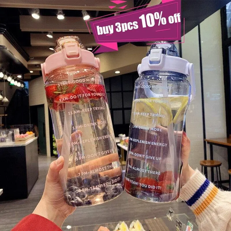 2 Liters Water Bottle with Time Marker Reusable Outdoors Portable Bottled