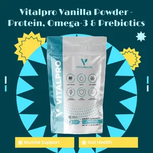 VITALPRO Vanilla Dietary Supplement - 10.6 oz (300 g) - VitalHealth Featuring Protein Omega-3 & Prebiotics.