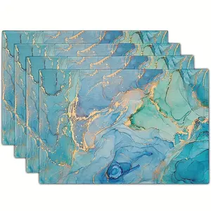 4pcs, Teal Placemats, Turquoise Blue And Golden Marbling Design Table Pads, Decorative Polyester Fabric Table Mats, Perfect for Holiday Dining Room & Kitchen Decor, PeaRooster-Inspired Party Supplies