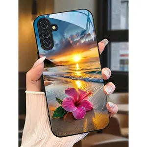 Pink Hibiscus Beach Sunset Pattern Glass Phone Case. Suitable For IPhone 17, 16, 15, 14, 13, 12, 11, Pro Max Plus, And Galaxy S26/S25/24/23/22/21/ULTRA/PLUS/FE/Able-Pri71/56/55/54/53/52/36/35/34/26/25/23/16/15/14/13/06. Tailor-Made Phone Case